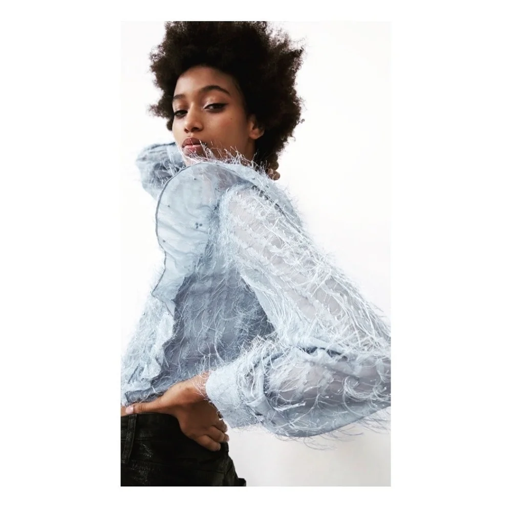 Zara Pale Blue Fringe Feather Ruffle Blouse With Sequins Top size Size Large
